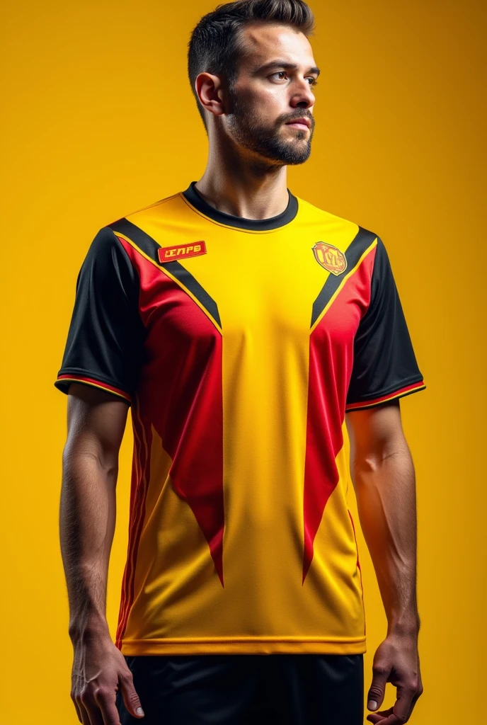Create a soccer jersey that has the colors yellow, red and lead