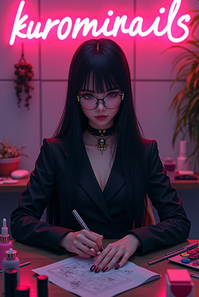 very long straight black hair, big black eyes, long eyelashes, with glasses, king, with neon letters that say kurominails, manicurist dressed in black, on a table with many enamels, anime