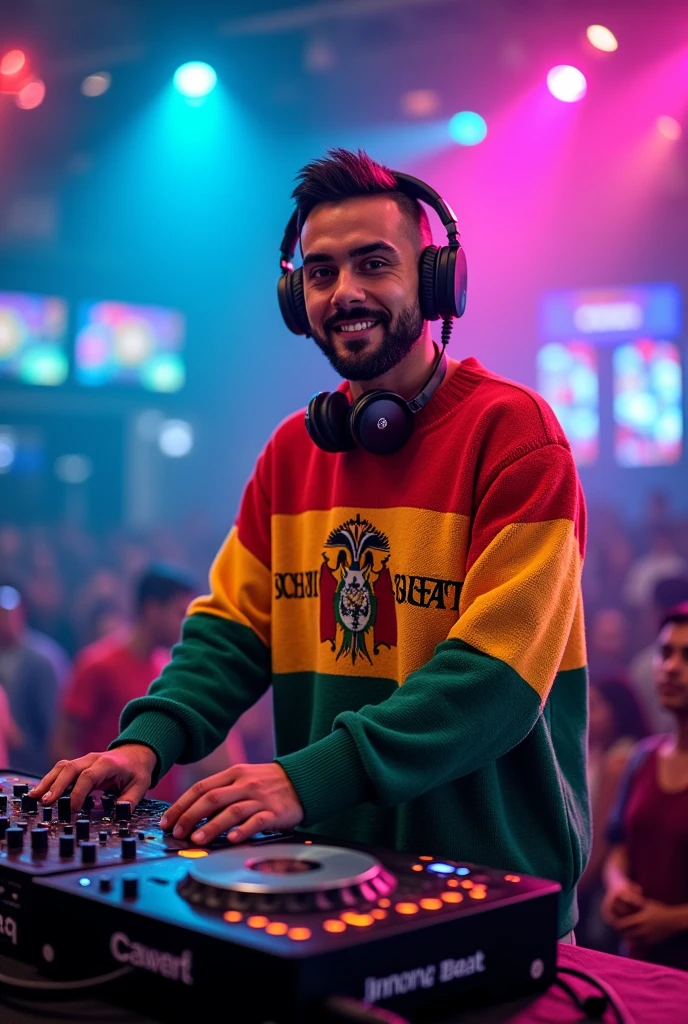 Can you create an image of a DJ with a Bolivian flag sweater with the text Dj Jhonny Beat?