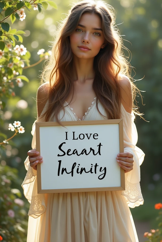 Beautiful girl with wavy long hair, bohemian dress, holding a white board with text "I Love Seaart Infinity" and showing it to the viewer