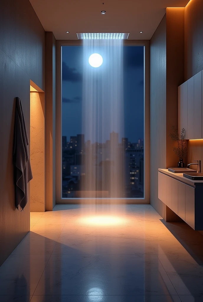 Large bathroom at night, with LED shower on and window in the upper corner,

