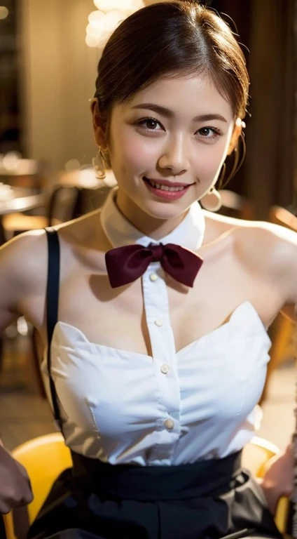 (8k, RAW Photos, Highest quality, Tabletop:1.2), (Realistic, Photorealistic:1.37), Very detailed, 1 girl,cute, alone,Beautifully detailed skies,Detailed Cafe,night,Sitting,Date,(Red nose),(Light Smile:1.1), Medium chest,Beautiful attention to detail,(Collared shirt:1.1), bow tie,Pleated skirt,(short hair:1.2),Floating Hair、See-through shirt、Please spread your legs a little