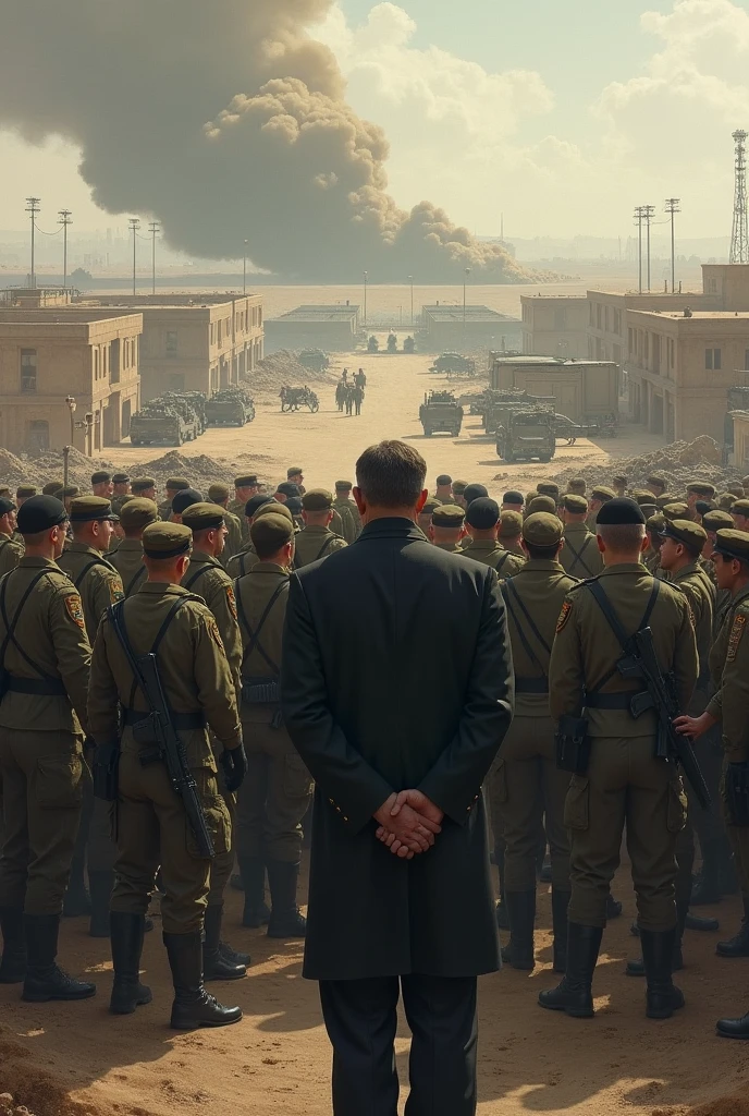 A large group of soldiers, next to a general, watching in the distance as missiles have fallen outside their military base