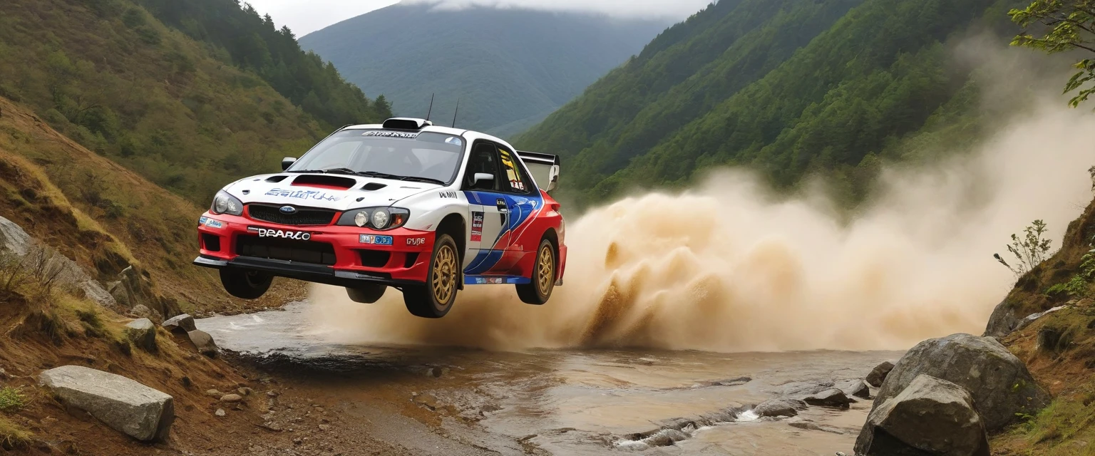 (1 set, 1997 Subaru Impreza WRC、Redesigned by Peter Stevens), Paved roads,Generates images of a Subaru Impreza WRC racing through a mountain pass during a rally race。, Splashing water,it's raining, Fallen leaves scatter, Vibrant greenery provides a spectacular backdrop. The car's aggressive styling、It should bring out a sense of speed and adrenaline.。. Highest quality, Genuineistic, photograph, Very detailed, 8k, High resolution, photoGenuineism, Naturalistic, Real, RAWphotograph,H effect,Genuine_booster