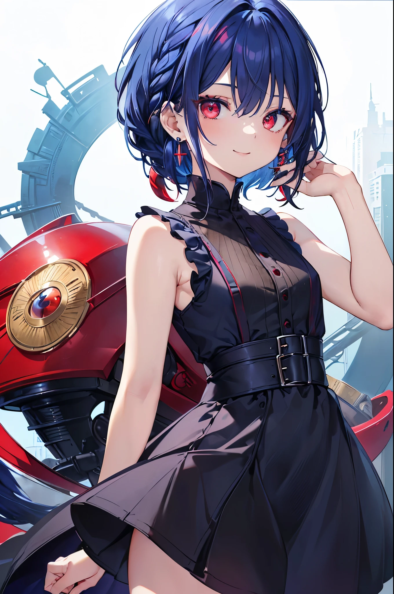 {{masterpiece}}, The best quality of life, 、((short indigo hair、Deep blue hair)Braided Hair) 、 Cute female, 、One woman、(((Crimson Eyes、Red eyes、Red eyes)))、Expressionless adult woman、((White background))、small but well-shaped breasts,、(((Black sleeveless dress、mile、smile、Small earrings