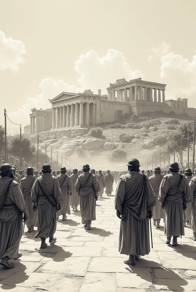 ANCIENT GREEK CITIZENS of Athens marching to the Acropolis of Athens at the Panathenaic festivals SKETCH