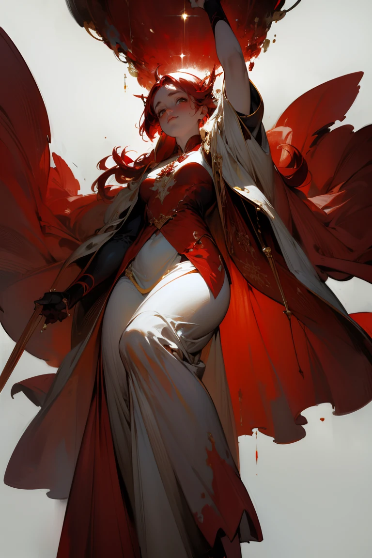 (1girll :1.4)(Warm tones :1.4)toplight，warm lights，faeries, Robe, White gauze texture, Remote，Black hair, long whitr hair, A natural soothing expression，(Red color scheme:1.8), Bare legs, (Floating in the air :1.4),(Long skirt :1.4), Mature female face, Complex tree background, Golden helmet, Holy, Solo, the wallpaper, epic feels, looking up at camera, From below，)ultra-wide-angle:1.4), Aura, Feel nature, Look up at the，the complex background，Complicated details