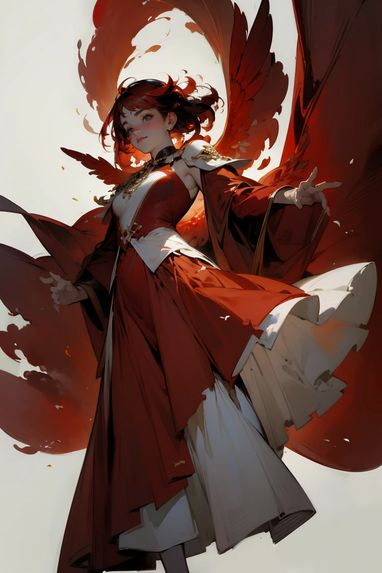 (1girll :1.4)(Warm tones :1.4)toplight，warm lights，faeries, Robe, White gauze texture, Remote，Black hair, long whitr hair, A natural soothing expression，(Red color scheme:1.8), Bare legs, (Floating in the air :1.4),(Long skirt :1.4), Mature female face, Complex tree background, Golden helmet, Holy, Solo, the wallpaper, epic feels, looking up at camera, From below，)ultra-wide-angle:1.4), Aura, Feel nature, Look up at the，the complex background，Complicated details
