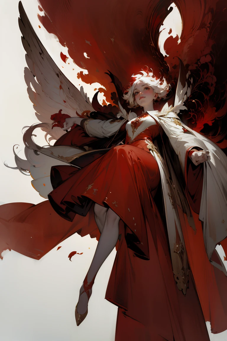 (1girll :1.4)(Warm tones :1.4)toplight,warm lights,faeries, Robe, White gauze texture, Remote,Black hair, long whitr hair, A natural soothing expression,(Red color scheme:1.8), Bare legs, (Floating in the air :1.4),(Long skirt :1.4), Mature female face, Complex tree background, Golden helmet, Holy, Solo, the wallpaper, epic feels, looking up at camera, From below,)ultra-wide-angle:1.4), Aura, Feel nature, Look up at the,the complex background,Complicated details