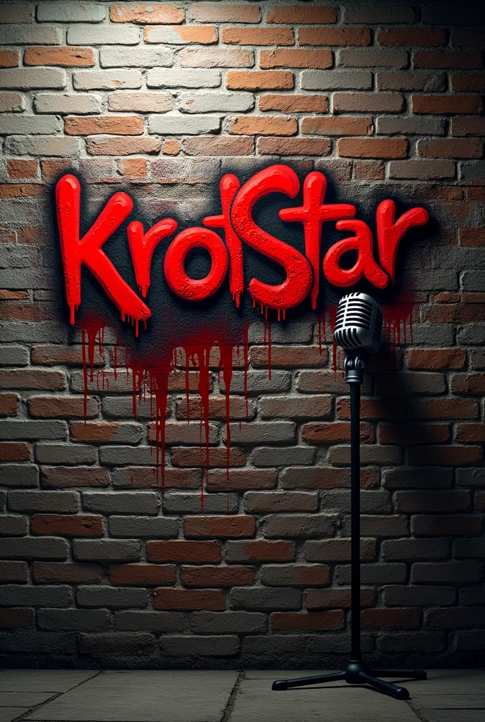 Brick wall with graffiti written on it " KrotStar " aggressive with blood splatters and a microphone 