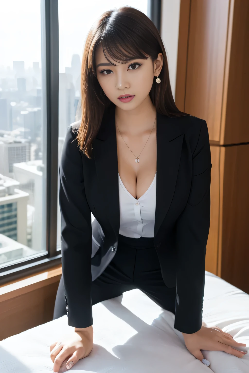 (Highly detailed 8k wallpaper), Sharp focus, detailed, dramatic, Delicate and beautiful girl, (Slim face, Narrow waist, Slim legs), (upturned chest with tension:1.2), Cleavage, Blunt bangs, (Wearing an office suit:1.5), (Down blouse:1.2), Half Butterfly Earrings、opal silver necklace, jewelry, (stick out your lips,:1.5), (The Temptation Oozes:1.5), Brushing, Beautiful graphics, In high-rise buildings, Modern office with city skyline view, Full glass wide window, Lying in a luxurious bed by the window, 3/4 body shoti,23 years old