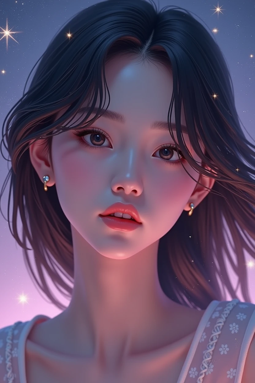 A portrait shot of A realistic young woman with korean features. with long, straight hair colored dark brown. calm and serene expression. The background is pastel purple/ dark blue with stars