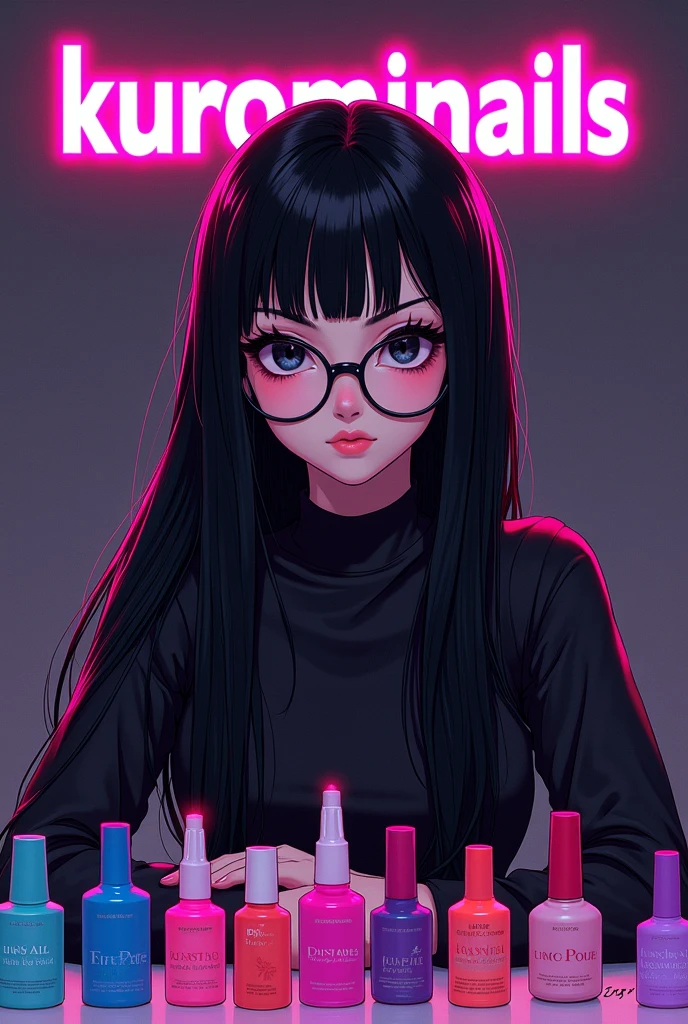 very long straight black hair, big black eyes, long eyelashes, with glasses, king, with neon letters that say kurominails, manicurist dressed in black, on a table with many enamels, anime