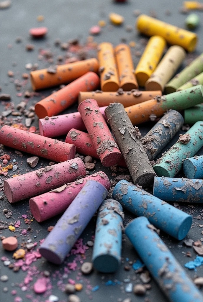 A drawing of a pile of broken chalks of all colors lying on the ground with ashes