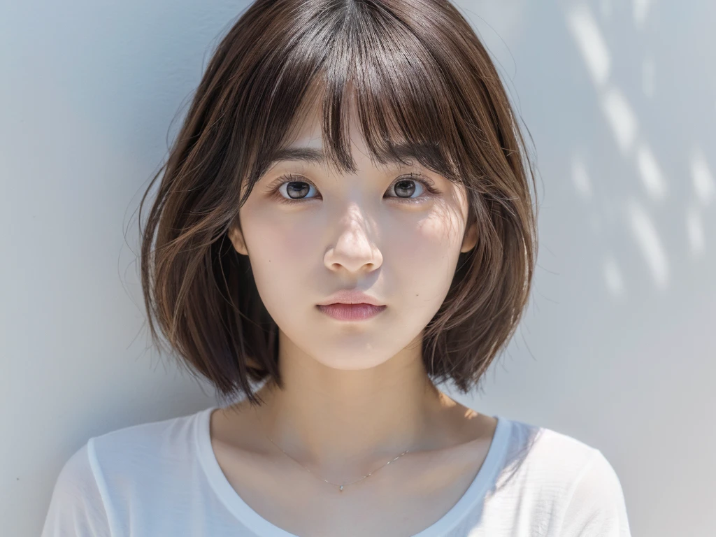 ultra high res, RAW photo, 1 Japanese cute women in her 20s photos, upper body, Take a photo from the front, Portrait, surface focus, (light blush), white T-shirt, bright natural light shines softly on the white wall background, photon mapping, Physically based rendering, fluffy short hair, blunt bangs, (dark ash beige hair color:1.2), Handsome, girly, slightly baby face, (Looks like Naenano's face:1.3), a slight distance between her eyes and eyebrows for an ennui look, Rich details
