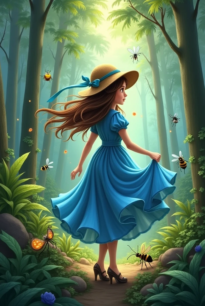 the in the blue long dress, with long brown hair, round hat with the blue ribbon is walking happily at the jungle with one ant, one bee and one firefly.