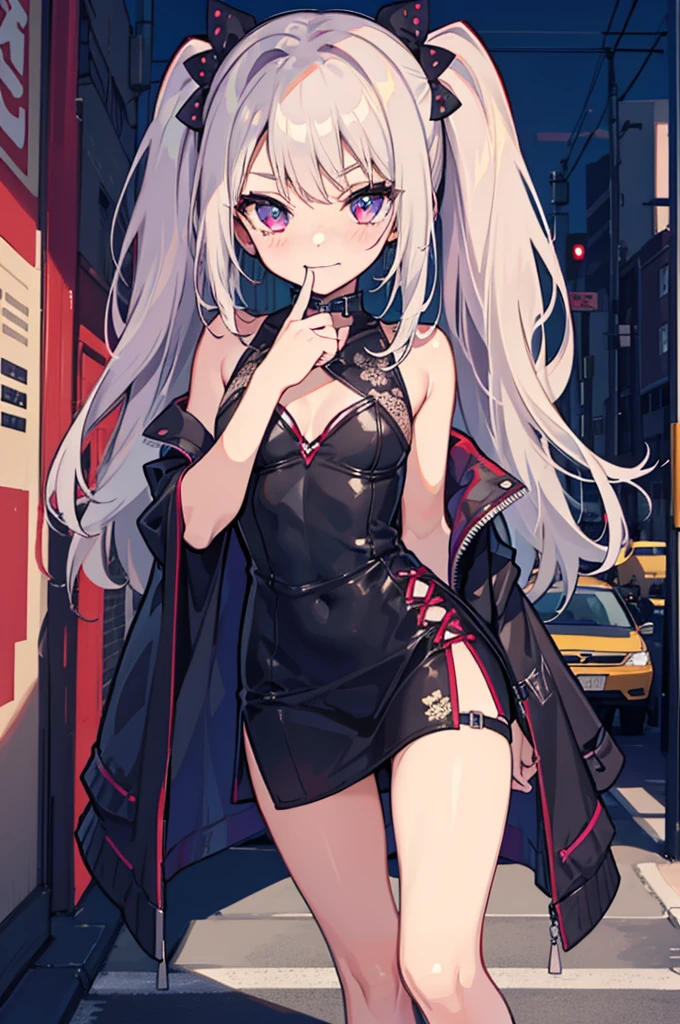 (ideal:1.1), (perfection:1.1), (flawless:1.1), (best quality:1.2), (highest quality:1.2), street, 1girl, solo, (:1.2), (child:1.1), (goth girl:1.1), fashionable goth clothes, sexy smirk, (blushing:1.1), (sexy thighs:0.9), small breasts, athletic body, highest quality eyes, highly detailed, 4k, best resolution, high quality shadows, beautiful quality light, best quality upscale, most beautiful upscale