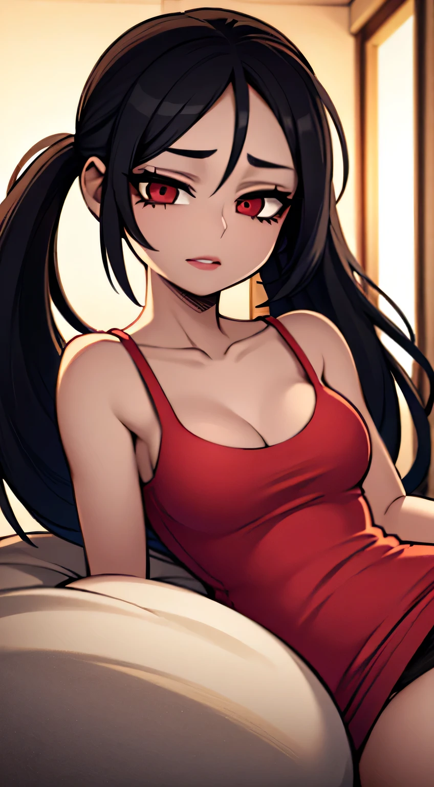 Amazing portrait of a woman who is 30 years old and an adult and a cute woman with her black hair in two medium ponytails having sexy eyes in an intense eye contact and a small nose with red lips having an orgasmic face showcasing her neck and collarbone in a loose dark pink t shirt emphasizing her bare shoulder as she's lying on bed with her head on pillow facing up in her bedroom which is a dark room with one lamp during night time with soft lighting showcasing her red lips and her beautiful face in detail and close up