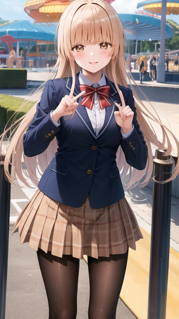 masterpiece, best quality, highres, aamahiru, long hair, red bowtie, blue jacket, blazer, long sleeves, plaid skirt, brown skirt, pantyhose, peace sign, amusement park, smile, standing