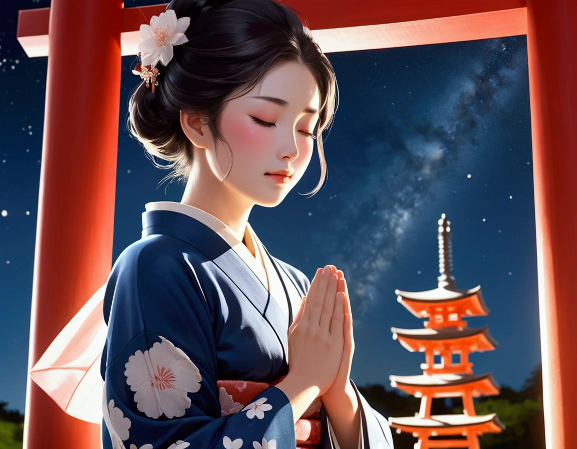 Taisho Romance A very beautiful Japanese woman in a traditional Japanese costume is praying at a shrine. She is praying with her eyes closed and a gentle smile on her face, hands together. All the World in One Place Kimigayo Japanese Culture Large Torii Gate Night Sky Summer in Japan