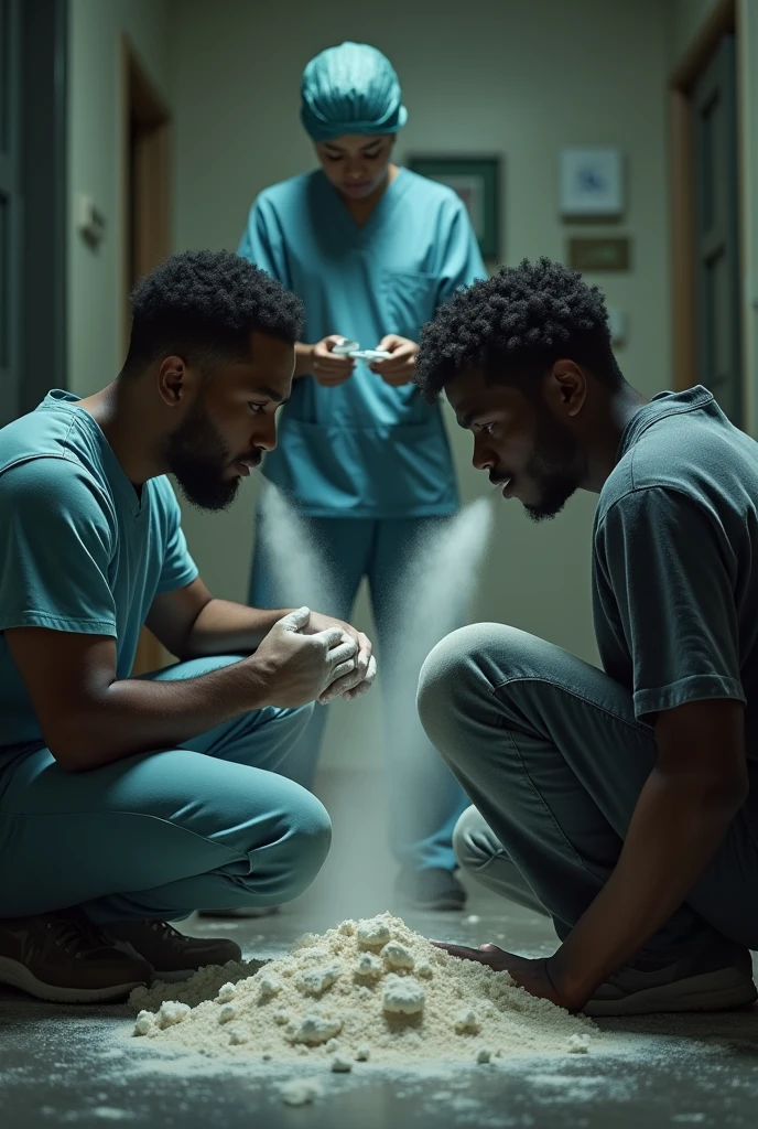 two black friends sniffing a lot of flour, a lot of flour, and a nurse giving one of them the red vaccine