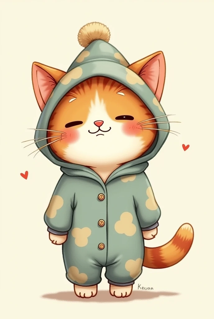 Create an animated illustration of a cat wearing pajamas with a hat,  that a print can be made with this 