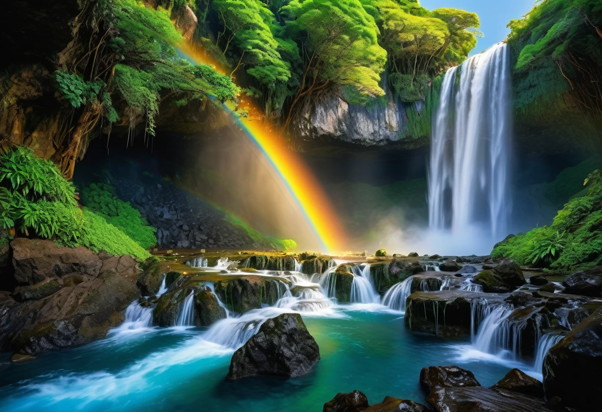 Enchanting, golden, colorful ,A scene of a huge sparkling waterfall in the center of a mysterious island。The water flowing from the waterfall creates a rainbow、The surrounding rocks and plants reflect the light and sparkle.。There is a mysterious cave deep inside the islanint light is leaking from inside。The sky is filled with stars、The moonlight softly illuminates the entire island.。32K UHD