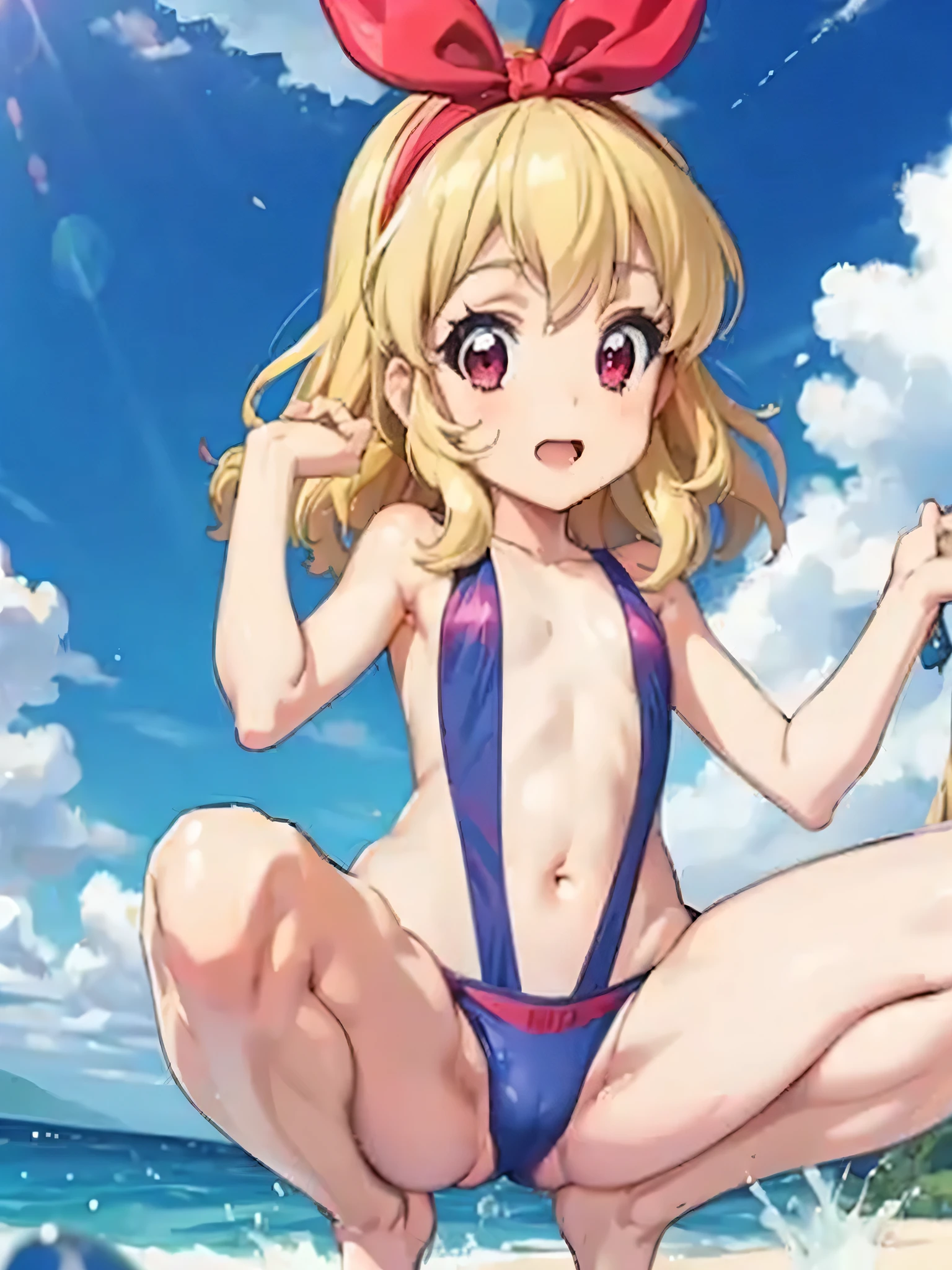a female anime character has her tits out while in the ocean water, 1girl, sakurai momoka, squatting, blonde hair, swimsuit, solo, outdoors, RED eyes, navel, sky, barefoot, day, looking at viewer, beach, blush, cloud, , anus, blue sky, slingshot swimsuit, ocean, tiptoes, hairband, spread legs