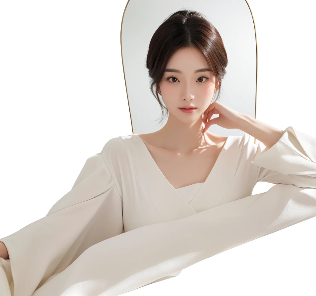 A woman is looking in the mirror, No text, With accurate features, Stylish design, Home, Doctor mirror, Yoshitomo Nara, White background, gongbi, with subtitles, Use a mirror, Smooth Features, Angle View, Very elegant features