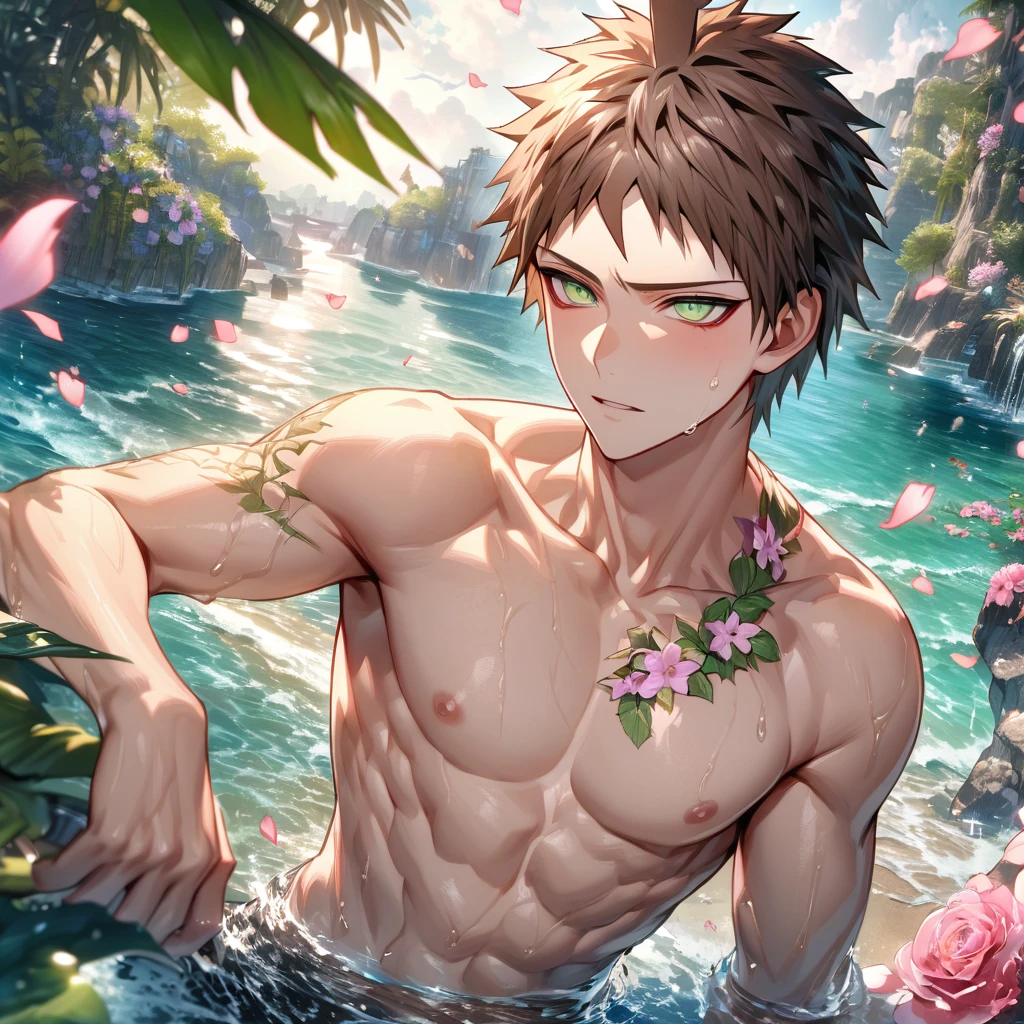 absurdres, highres, ultra detailed, HDR, master piece, Overhaul, dark brown hair, short hair, short bangs, long eyelashes, expressive golden eyes, without shirt, Boku No Hero Academia, toned chest, bare chest, sexy man, handsome, best quality, beach, fantasy, magical, solo, water, sensual, horny, green leaves, flowers, manly man, close up