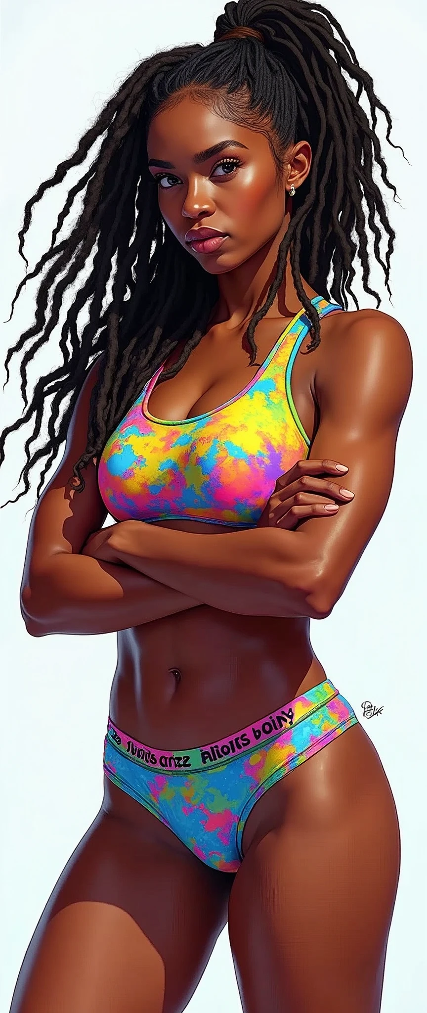 (masterpiece),(Highest quality),(Super detailed),(Ultra-high resolution),(Best illustrations),8k,wallpaper,Women's photos,(Track and field athlete:2.0),Portrait Photography,Beautiful woman,(whole body:2.0),(Eye light,Sharp pupils,Detailed eye drawing),(Detailed skin texture:1.6),(Her hairstyle is colorful dreadlocks:1.6),(Big Ass:2.0),(Muscular:2.0),Looking at me,(front),BREAK(Racing Bra),(Racing Bloomer),(psychedelic,Neon color,pop),(front:2.0),(Detailed Female Hands:1.6),(sexy:2.0)