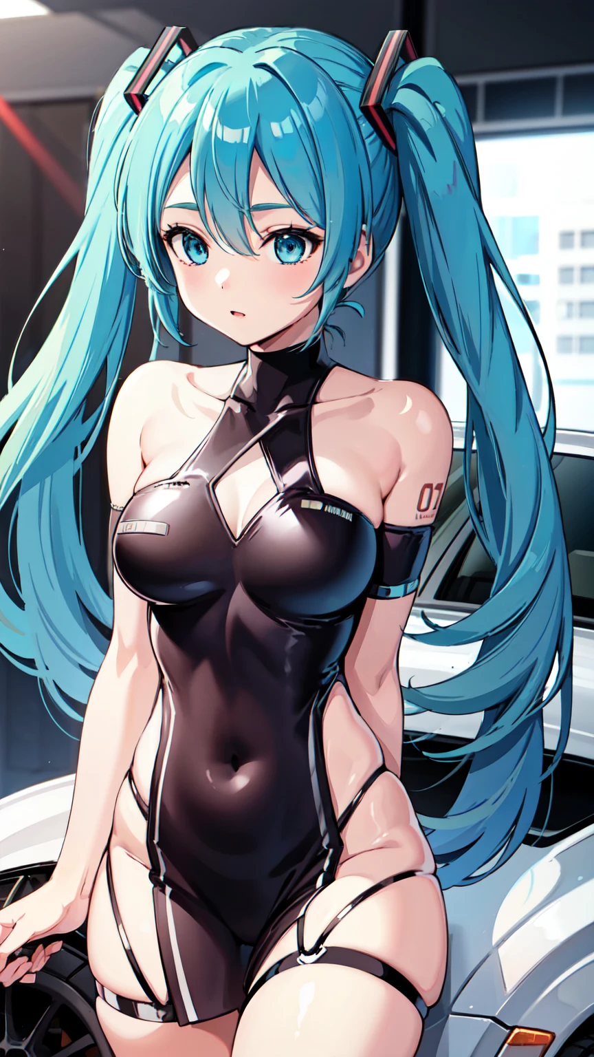 masterpiece、Highest quality、8k、Hatsune Miku VOCALOID、Twin tails、Light blue hair, light blue eyes、Race Queen Motor Show、