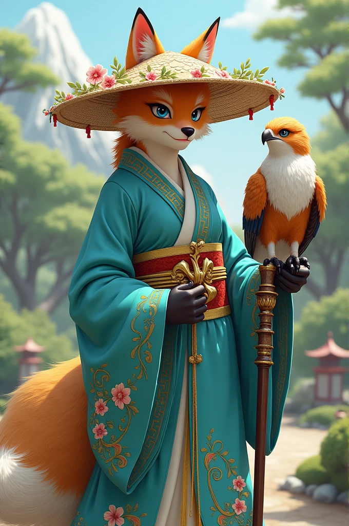 Detailed scene of a humanoid character with fox features, dressed in traditional Japanese clothing inspired by a kimono. The character wears a straw hat decorated with flowers and other elegant ornaments.. He is holding a cane or weapon, and at his side there is an eagle or falcon perched on his arm. The kimono is turquoise with intricate floral designs and gold detailing., highlighting the elegance of the character. The character's posture reflects confidence and serenity. In the background, A natural landscape is observed that could be a