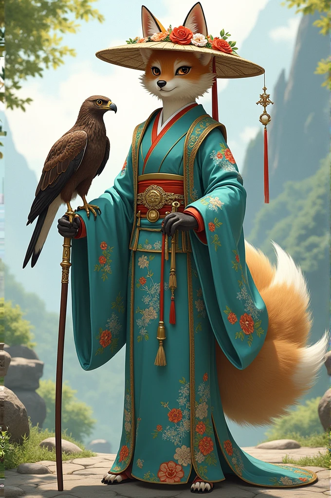 Detailed scene of a humanoid character with fox features, dressed in traditional Japanese clothing inspired by a kimono. The character wears a straw hat decorated with flowers and other elegant ornaments.. He is holding a cane or weapon, and at his side there is an eagle or falcon perched on his arm. The kimono is turquoise with intricate floral designs and gold detailing., highlighting the elegance of the character. The character's posture reflects confidence and serenity. In the background, A natural landscape is observed that could be a