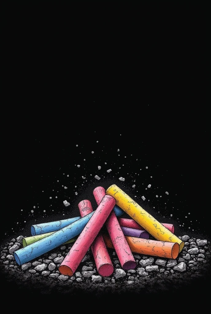 A drawing with a black background of a pile of broken chalks of all colors lying on the ground with ashes 