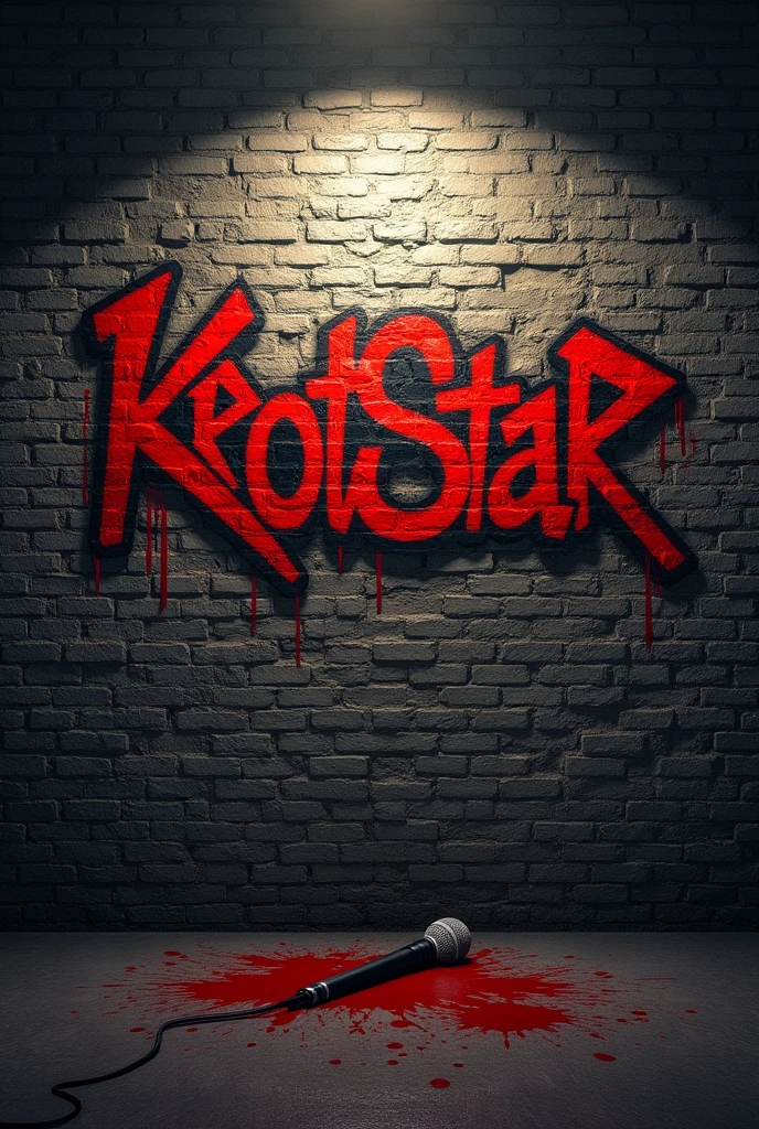 Brick wall with graffiti written on it " KrotStar " aggressive with blood splatters and a microphone 