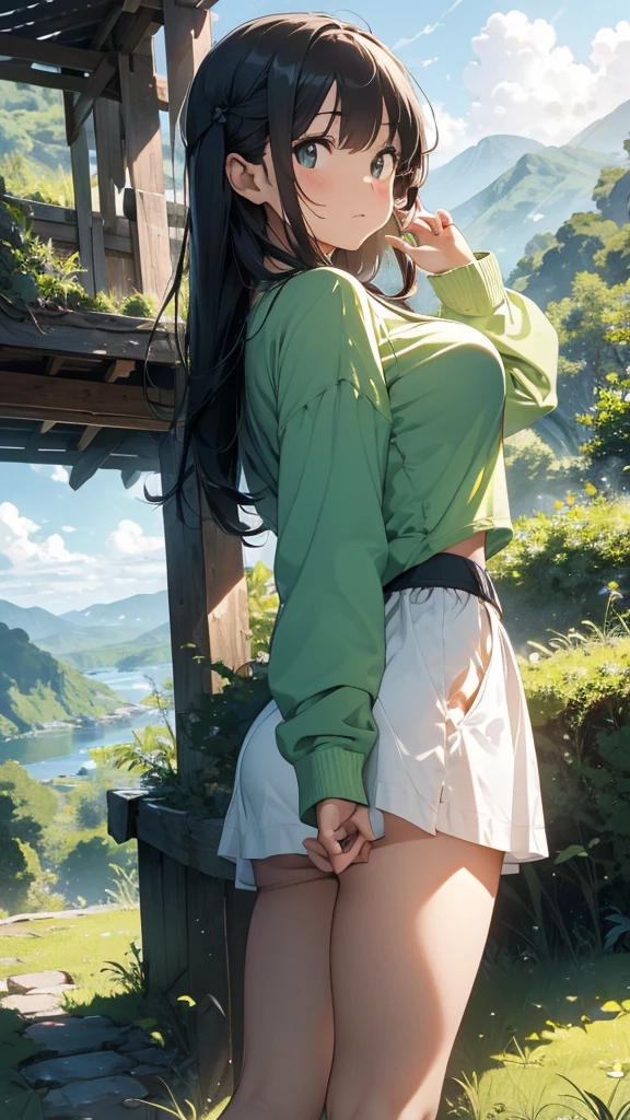 Imagine a serene side view of a lush green mountain. The top is covered in vibrant greenery, while the base features a rich, expansive green area. The sky is adorned with beautiful, soft clouds, and the warm glow of the sun illuminates the scene, casting a tranquil and aesthetic light across the landscape.