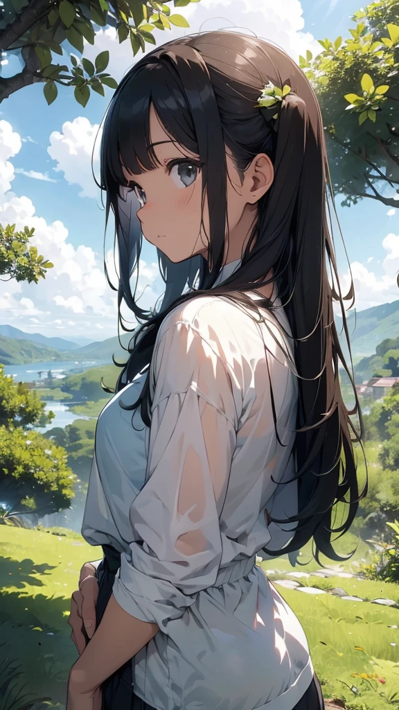 Imagine a serene side view of a lush green mountain. The top is covered in vibrant greenery, while the base features a rich, expansive green area. The sky is adorned with beautiful, soft clouds, and the warm glow of the sun illuminates the scene, casting a tranquil and aesthetic light across the landscape.
