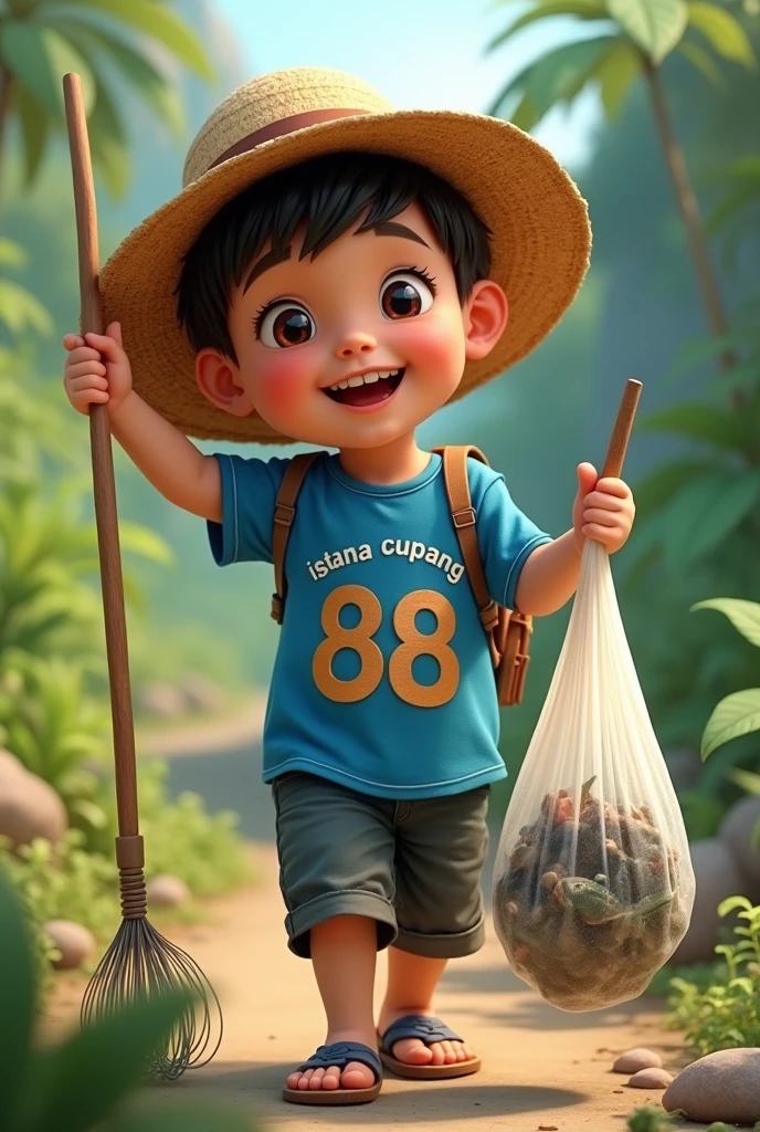 The boy wearing straw hat and carrying fish in plastic bag, smiling broadly and carrying insect net stick, wearing blue shirt with 88 written on it and "istana cupang" written on it