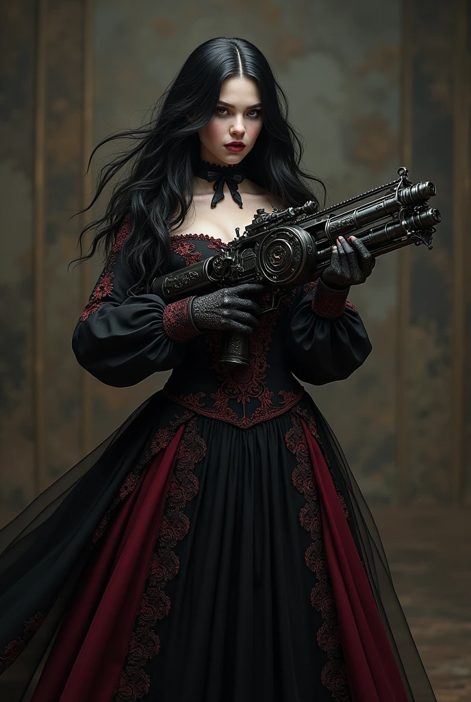 A vampire in a black and burgundy embroidered dress, she holds a black and silver steampunk gun, the weapon resembles a minigun