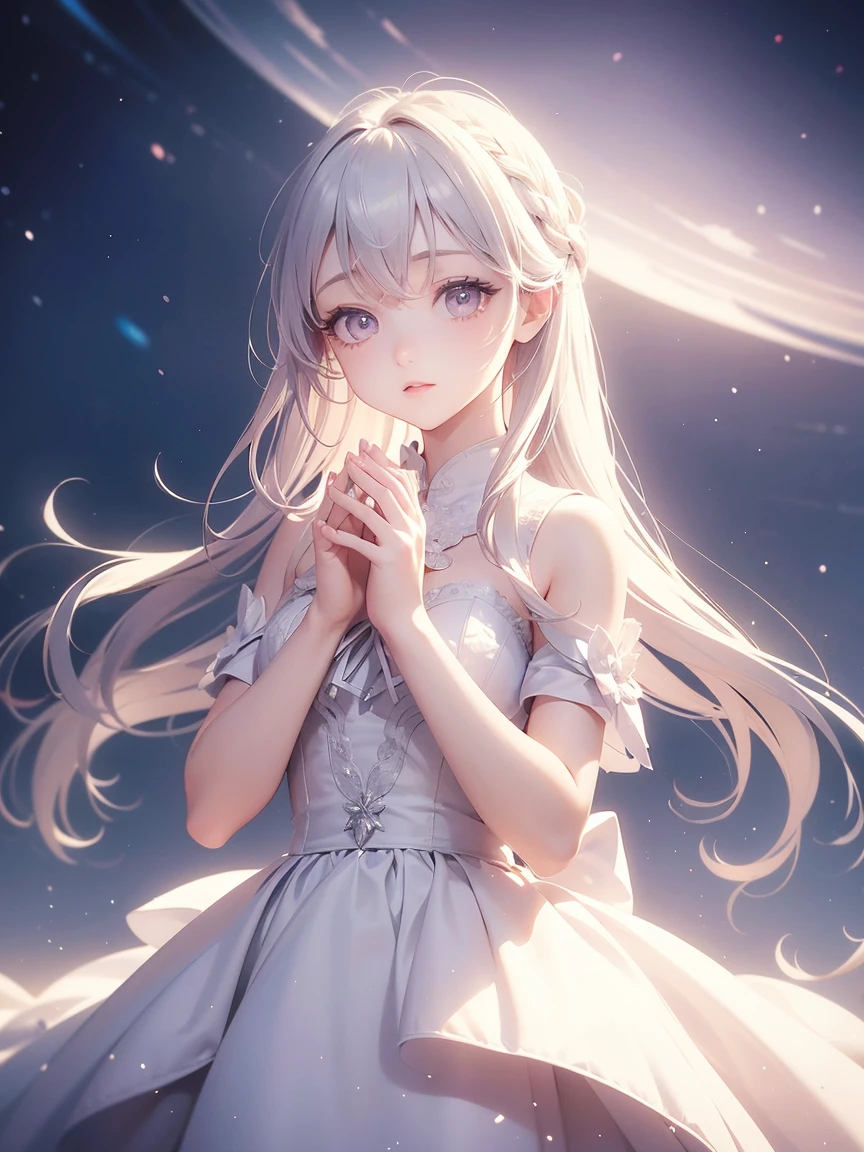 starlight cross in the sky,look up at the sky,Pray with hands together in front of the chest,white Arctic clothes ,Rainbow Aurora in sky, One girl, White medium hair, Center parted hair, White Dress, (Detailed pupils, Pale pink eyes,Symmetrical eyes )Black thin ribbon, beautiful, Dramatic Light, Strong Shadows, Nice views, Depth of written boundary, Cinema Lighting, ((masterpiece)), Attention to detail, high quality, 最high quality, High resolution, Staring at the audience