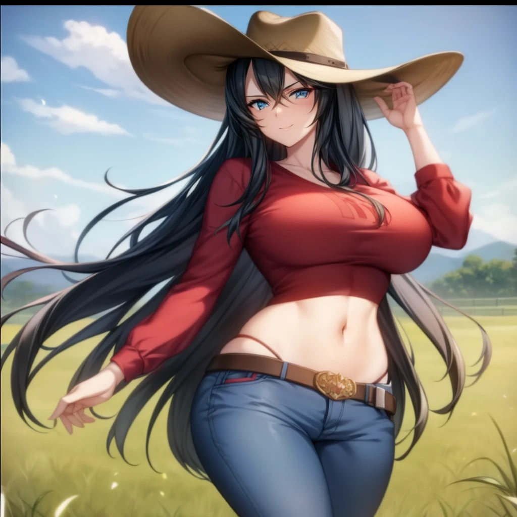 "A beautiful anime-style woman standing in an open field under a bright, clear sky. She has long, flowing black hair and wears a wide-brimmed brown cowboy hat. She is dressed in a red crop top that shows off her midriff and a pair of tight blue jeans with a belt. The woman has a confident expression with a slight smile on her face, holding the brim of her hat with one hand. The background features rolling green hills and a peaceful, sunny atmosphere."