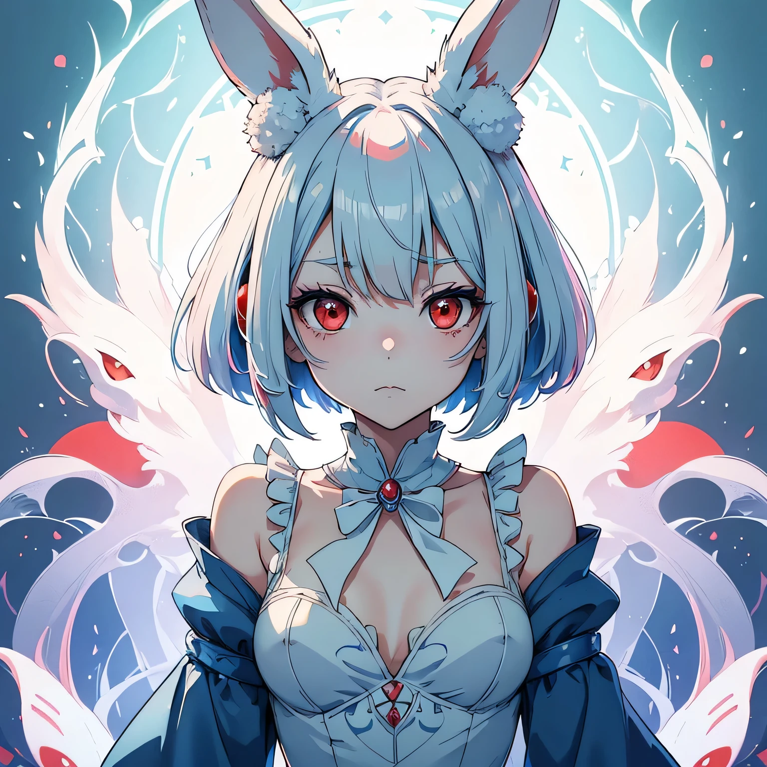 gloom (expression), a anime style cute small white rabbit standing on two feet, red eyes, tall ears, bob, large face, short stature, , wearing a light blue dress, (best quality,4k,8k,highres,masterpiece:1.2),,intricate details,highly detailed,exquisite,stunningly beautiful,vibrant colors,soft lighting,fantasy,magical realism,white background