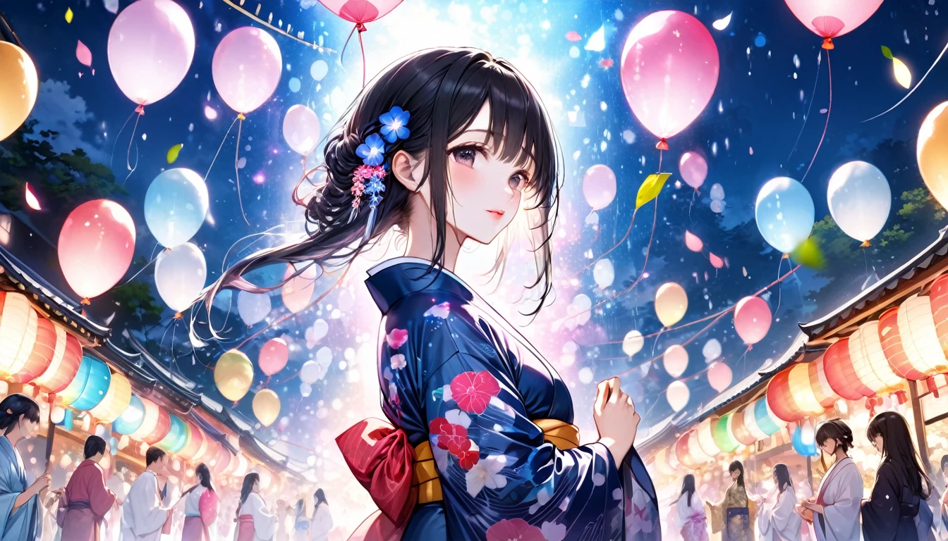 Panorama, Low - Angle,One woman, Japanese Festivals, Black Hair、Long Hair (Girl, Beauty, Moisture in Every Detail), (Glossy pink lip), Wearing a very beautiful yukata with double exposure morning glories) break, Night summer festival dance event, Many small prayer paper balloons in the background, There are no people in the background,Highest quality, 16K, Beautiful details night, Utopian performance, arm behind back, View your viewers, Hands down