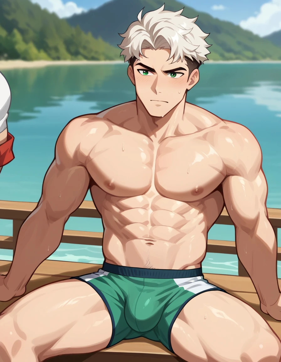 wide shot, score_9, score_8_up, score_7_up, score_6_up, score_5_up,super fine illustration, source_anime, anime screencap, handsome teenage boy, 18 years old, Caucasian, fluffy hair, smooth, small waist, sitting on a yacht in the middle of an italian lake, yauct, relaxed, candid, small swimming trunks, bulge, striking lighting, raw,(skin imperfection),RAW photo, perfect eyes