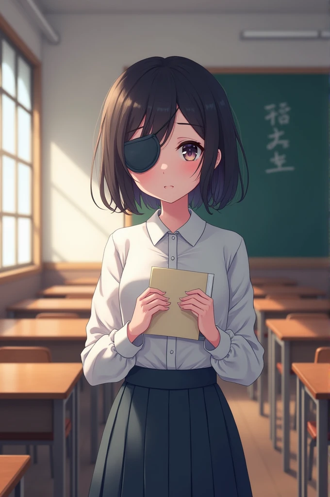 17 year old anime girl wearing an eye patch over her right eye and a skirt with a blouse inside a classroom holding a love letter