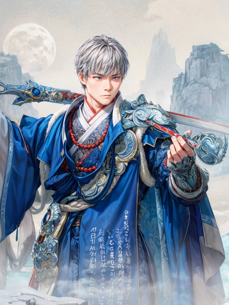 Moonlit Warrior: A powerful Asian male stands steadfast on the misty peak, bathed in soft lunar light. Traditional blue robe with intricate embroidery cinched by crimson sash, worn with silver armor pieces etched with dragon designs. Sword held firmly in right hand, his confident stance and determined expression embody ancient warrior spirit. Framing: Close-up shot of majestic figure against wispy clouds and mountain ranges at sunset, misty veil surrounding the peak. Lighting: Soft moonlight casting gentle shadows on subject's features. Composition: Warrior centered, with misty peaks and wispy clouds forming a harmonious balance around him.