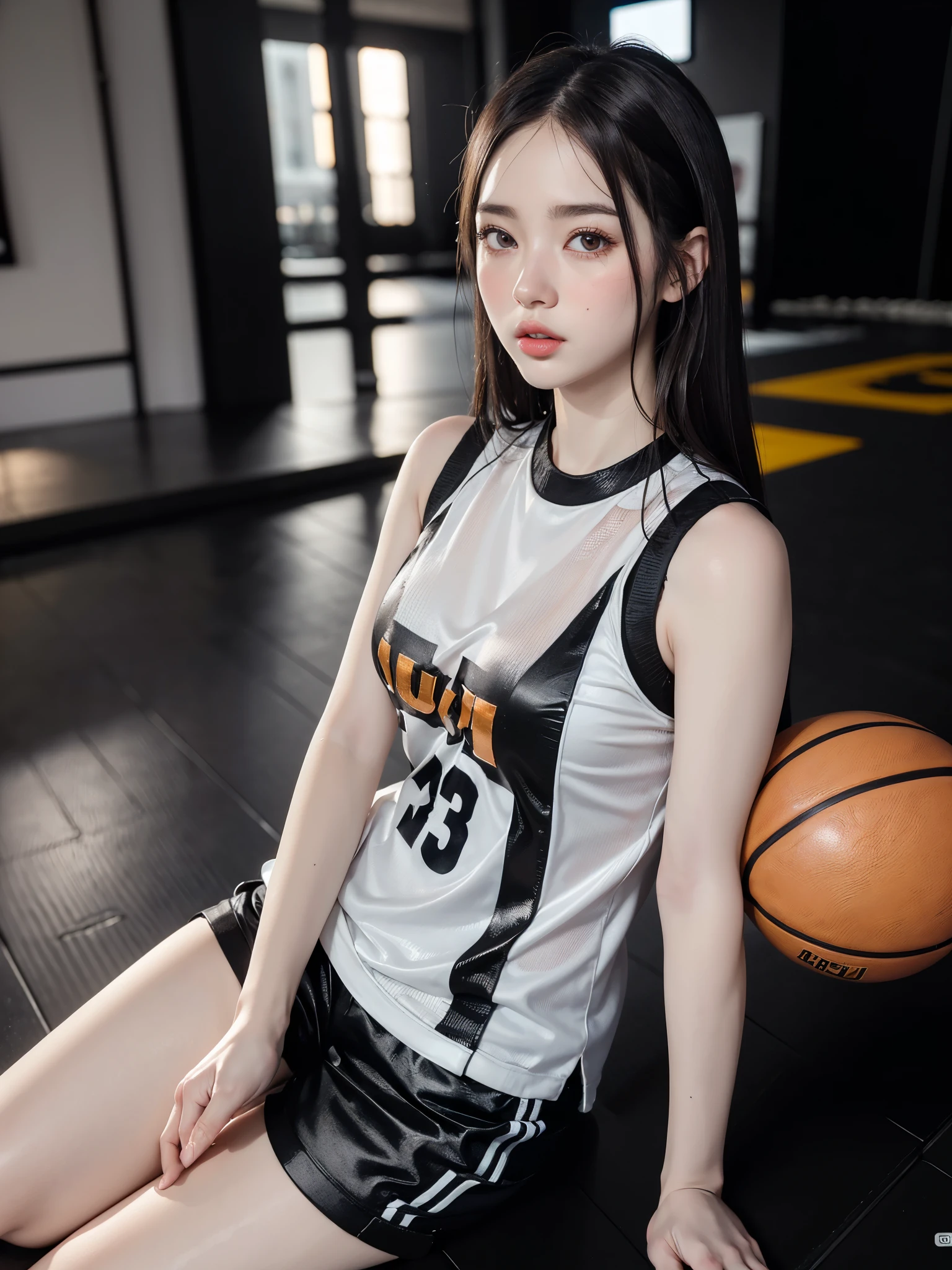 (UHigh resolution, retina, masterpiece, Accurate, Anatomically correct, Textured skin, Super Detail, Attention to detail, high quality, 最high quality, High resolution, 1080P, High resolution, 4K, 8k, 16K), (美しいAttention to detail目, Beautiful lip detail, Highly detailed eyes and face), Soft lighting, Physically Based Rendering, Vibrant colors,Cosplay(A confident and athletic female basketball player in a sleeveless jersey and shorts),Basketball court, (Glowing Skin, blush), (Wide angle), Eye Reflexes, (Staring at the audience),(Thighs,whole body,艶やかなThighs,Sit down)