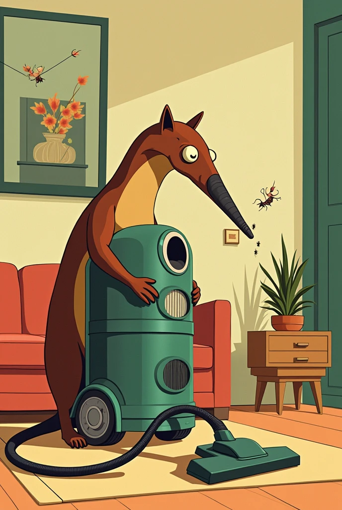 An anteater with the body of a vintage vacuum cleaner. Long snout is the flexible hose, sucking up ants from an intricate ant farm setup. Tail is the power cord. Set in a 1950s living room being tidied up. Mid-century modern cartoon style with limited color palette and geometric patterns.