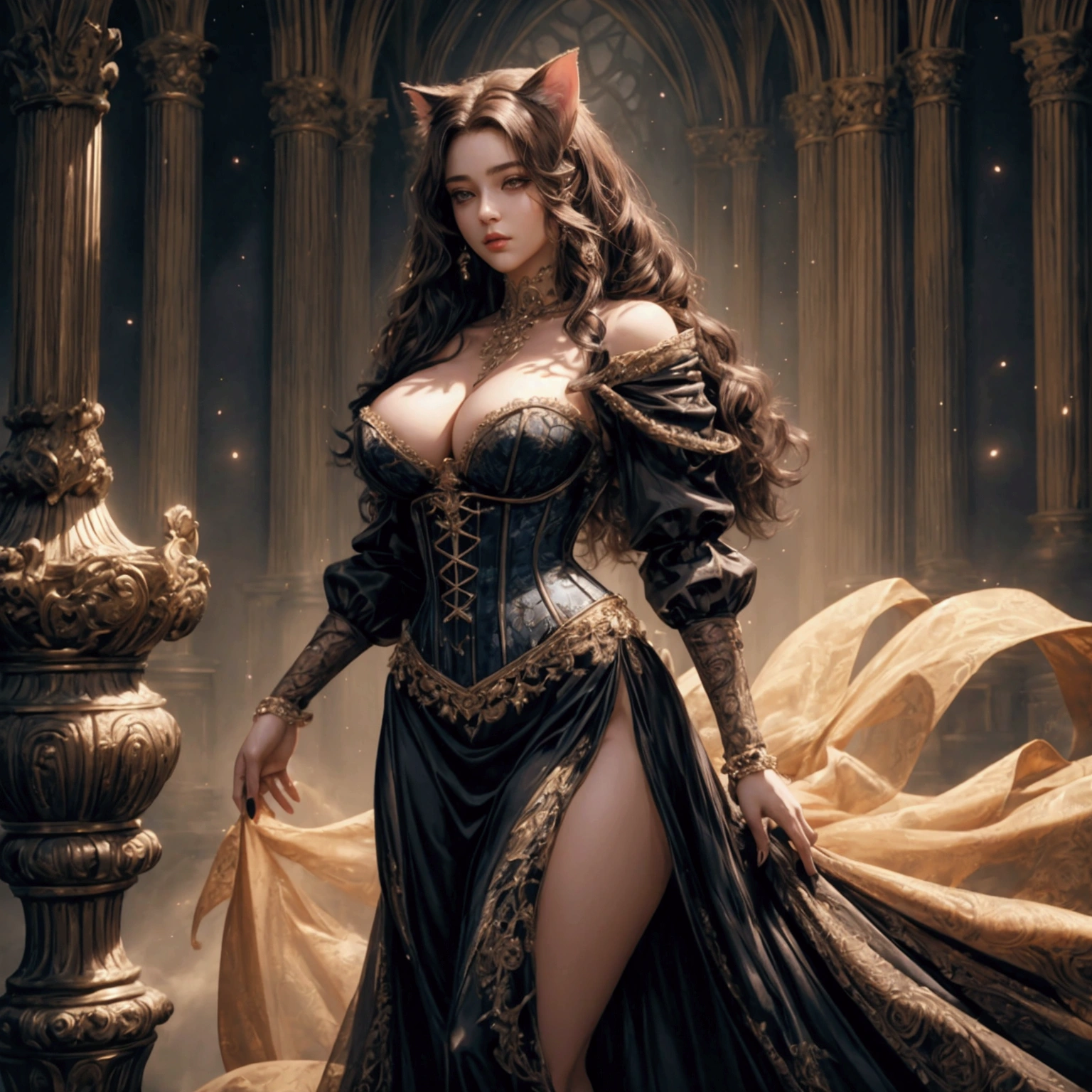 girl with cat ears, chica sexy, posing at full height , big breasts, 25 year old girls, divine face, beauty faces, High detail, lip beauty, photorealistic, ultra realistic, below, RTX activated, color correction, perspective, depth of field, line of sight, Tonal colors, 8k, full hd, perfectionism, edge lighting, light, Soft lighting, accent lighting, Diffraction evaluation, attractive woman , Super detailed, (( Beautiful detailed yellow cat eyes with a slit... )) , ( curly brown hair ) , long straight hair, Braid hairstyle, ( Medieval dress with corset...), (((position facing anteriorly with the buttocks facing the viewer))), (((huge breasts, neckline))).
